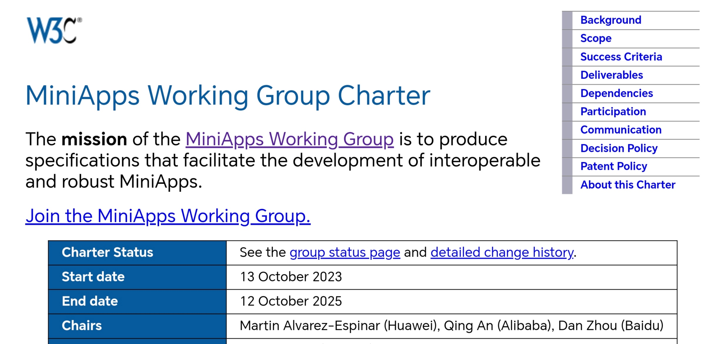 Charter of MiniApps WG