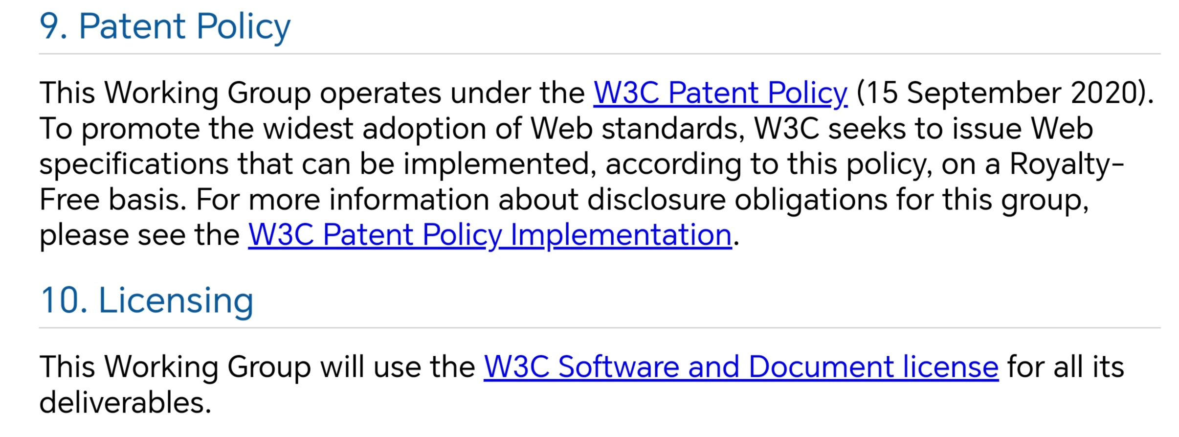 Section about patents and IPR and usage of the specs