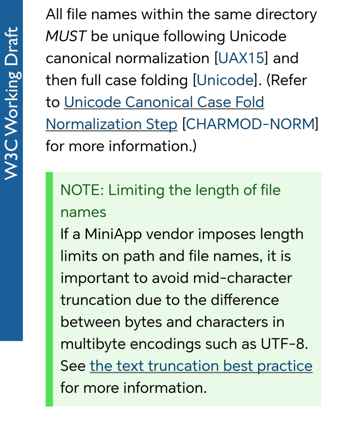 Section in the specifications with notes for developers