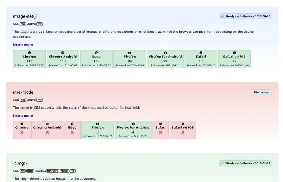 Baseline project screenshot showing several web features