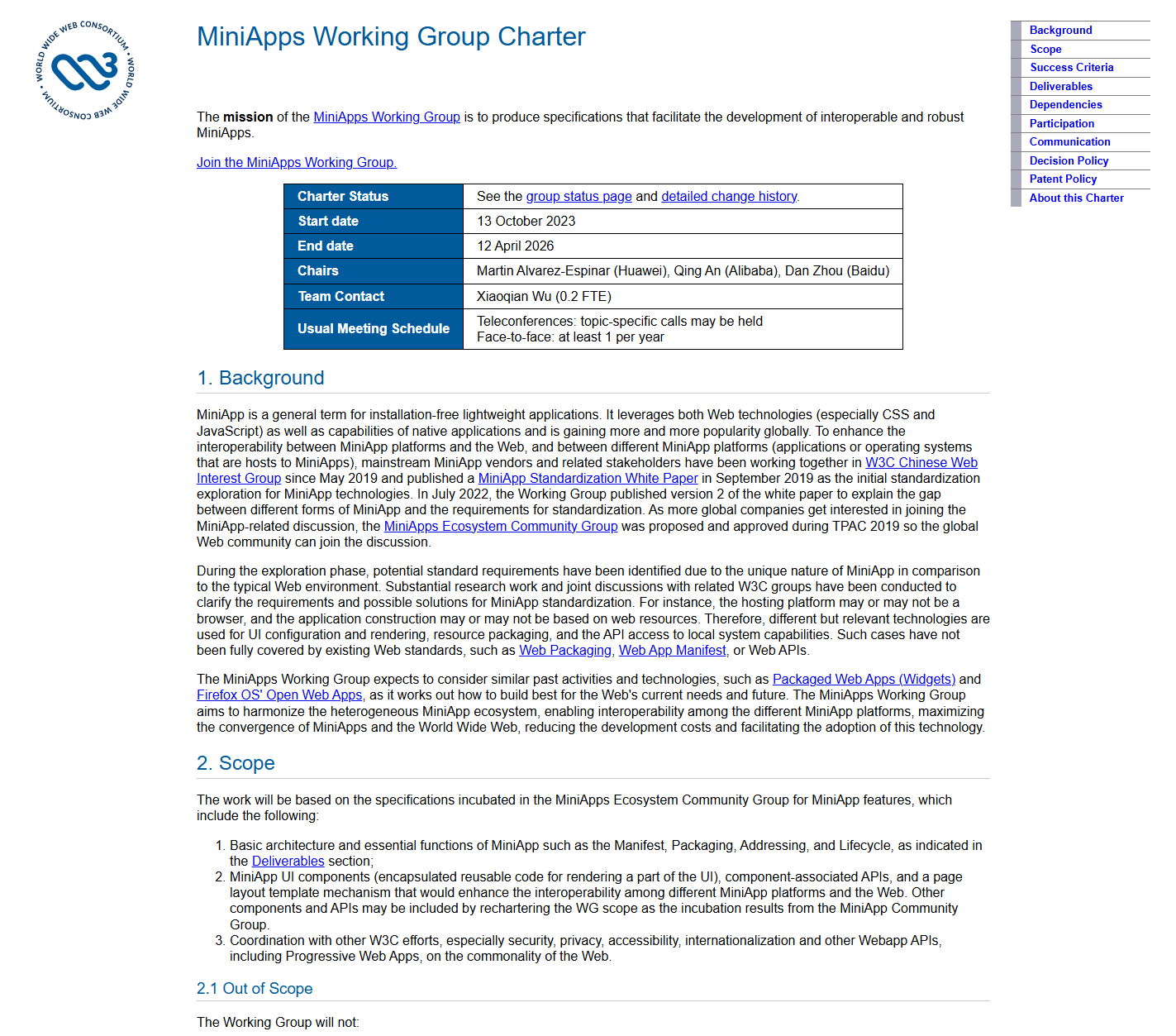 Charter of MiniApps WG